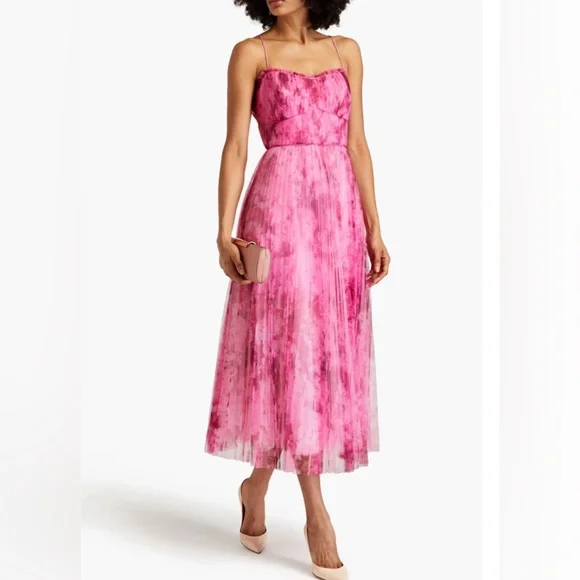 ML Monique Lhuillier Pleated Printed Tulle Midi Dress Women Size 8 - Picture 5 of 14